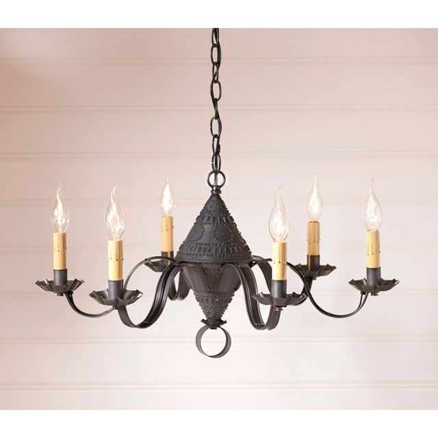 Punched tin chandelier with 6 candelabra arms hanging from black chain