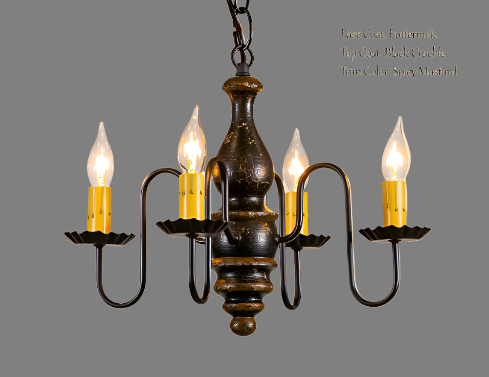 Primitive wooden chandelier with four arms in black crackle over buttermilk with spicy mustard trim finish