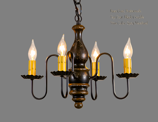 Primitive wooden chandelier with four arms in black crackle over buttermilk with spicy mustard trim finish