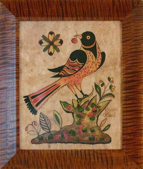 Orange Bird with Flower on Left Fraktur