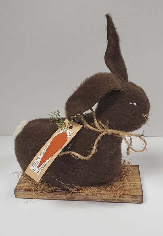 Dark Brown Bunny on Wooden Base