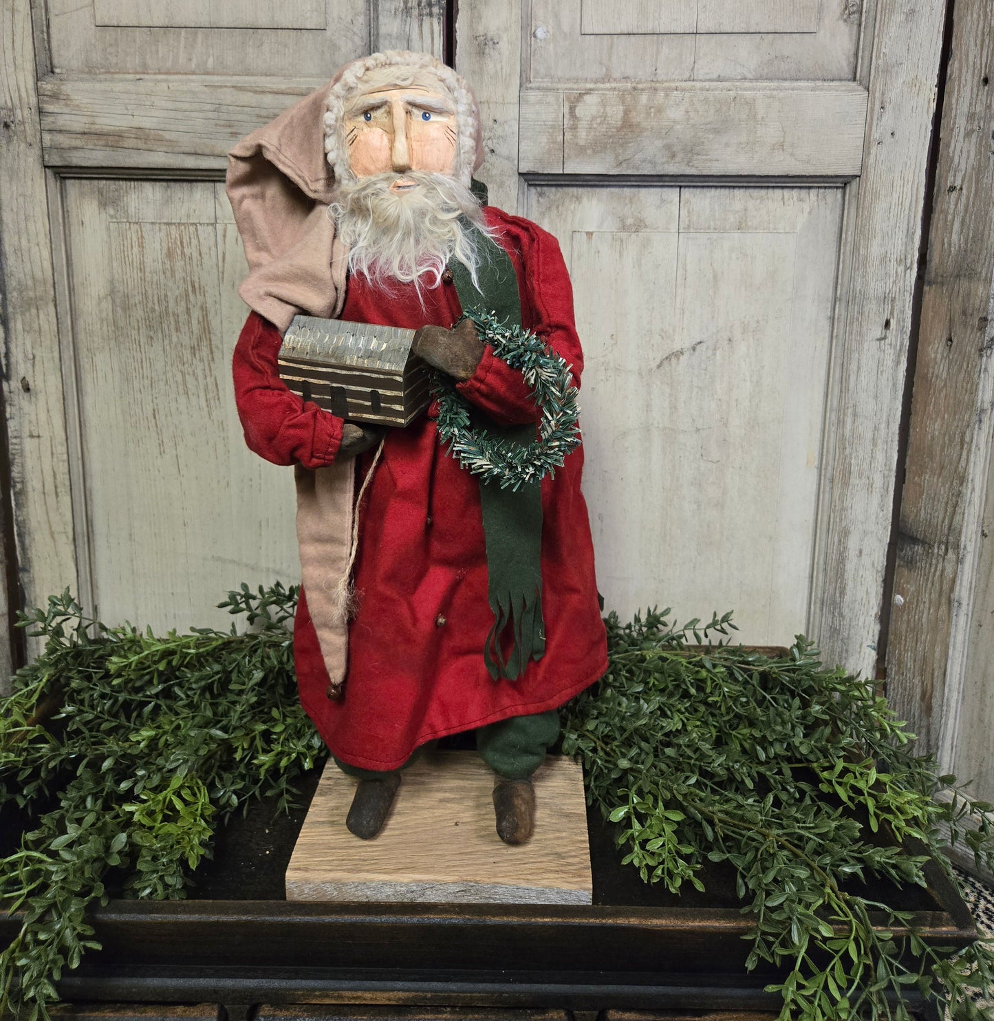 Primitive Santa with Log Cabin and Beige Cap