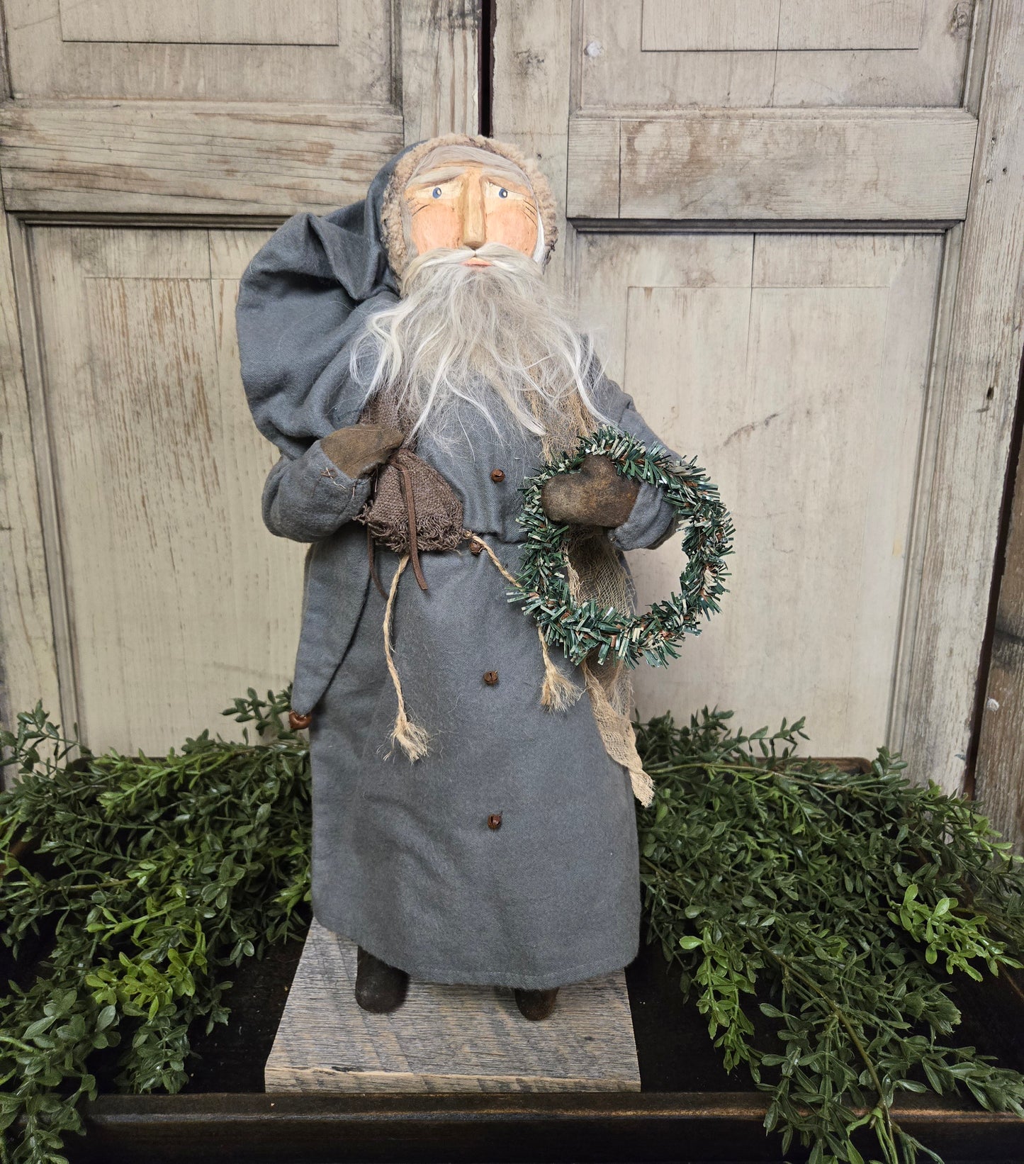 Primitive Santa with Sack and Wreath