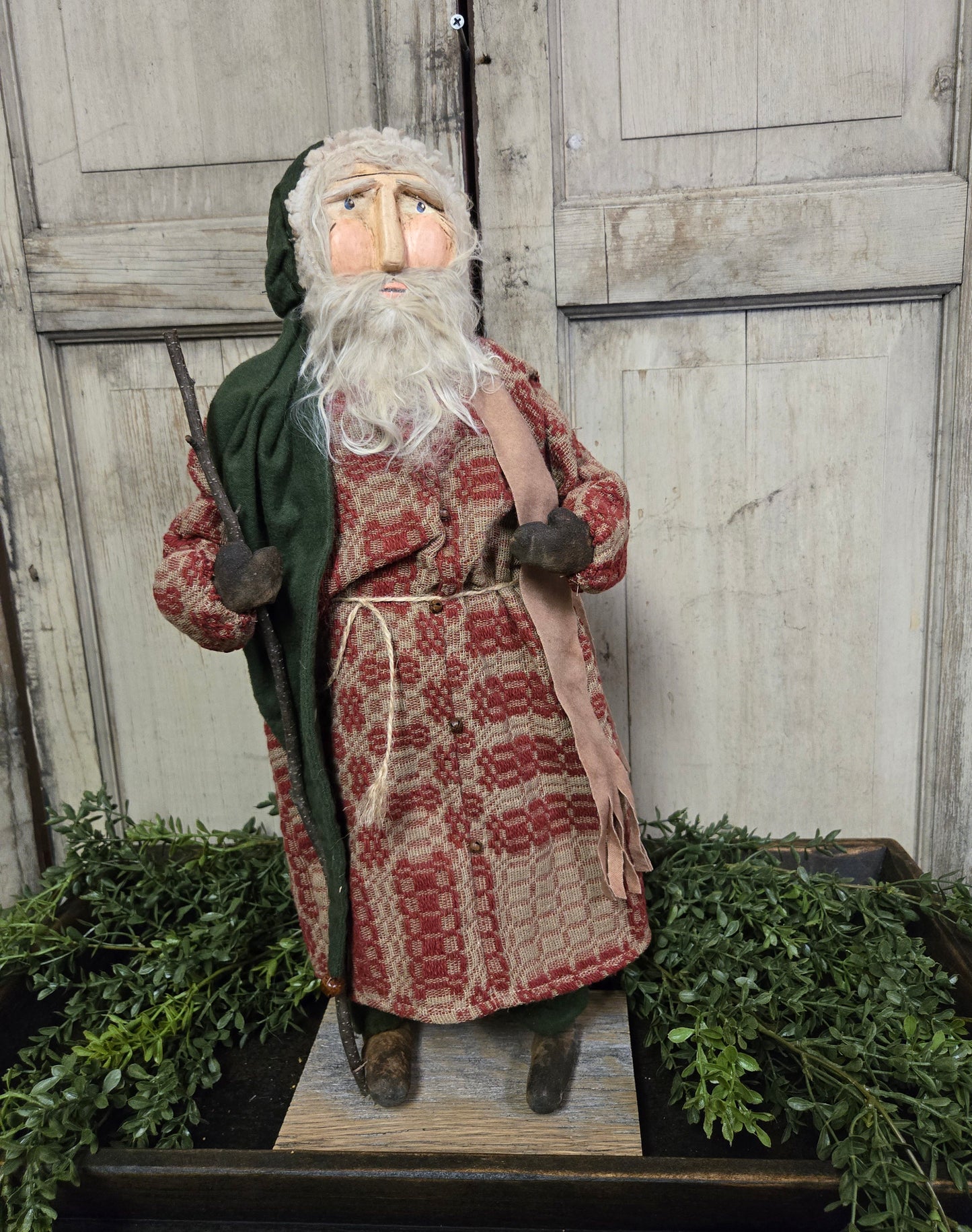 Primitive Santa with Coverlet Coat and Walking Stick