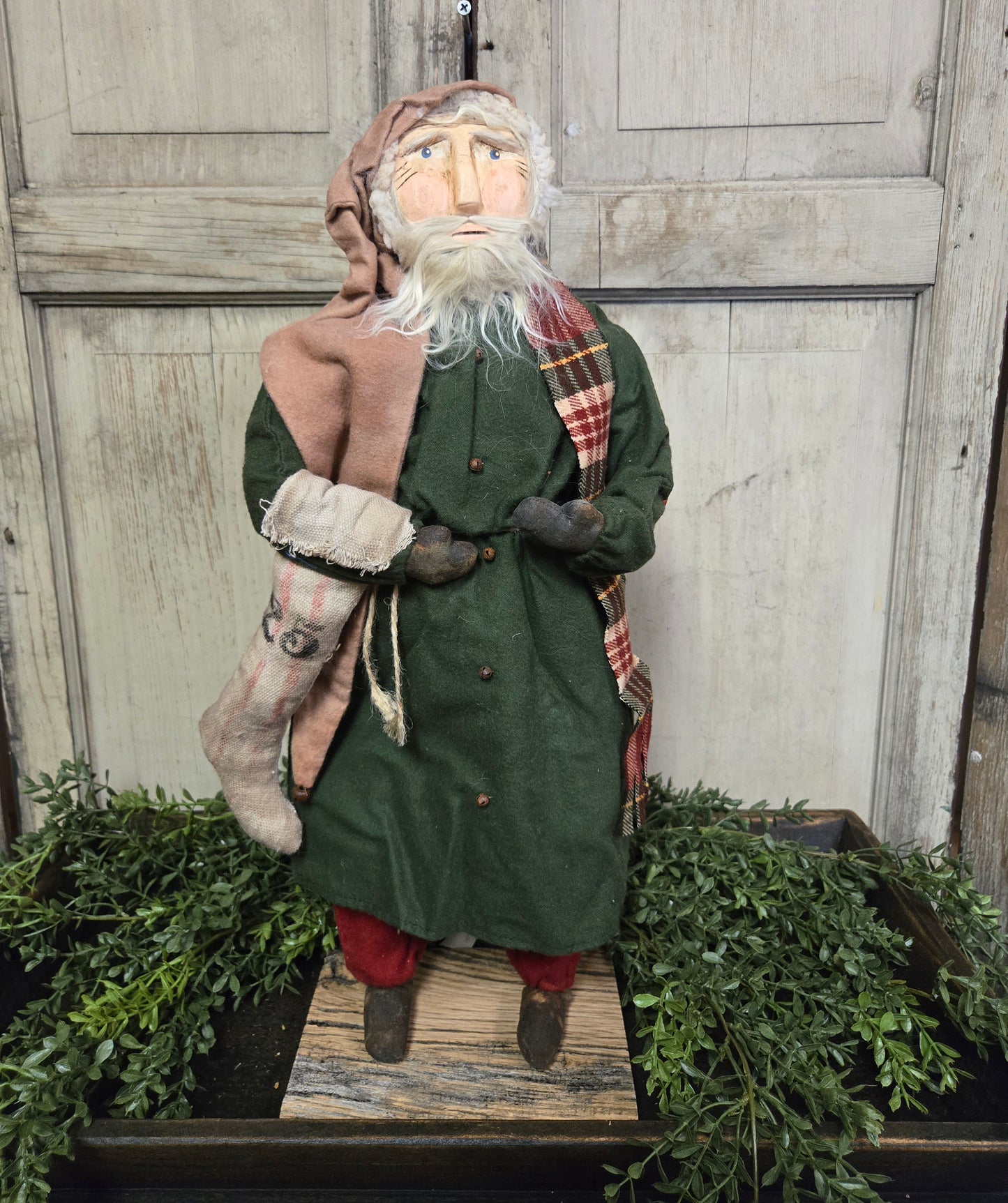 Primitive Santa with Stocking and Tan Cap