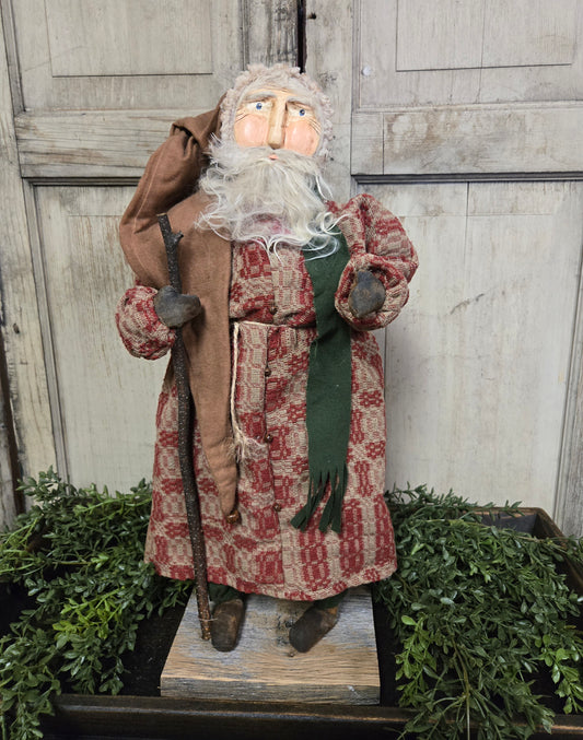 Primitive Clay Face Santa with Coverlet Coat and Walking Stick