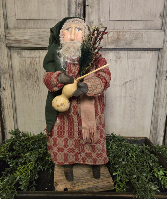 Primitive Clay Face Santa with Gourd and Green Cap