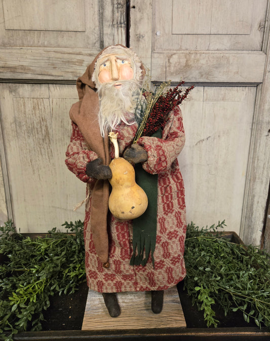 Primitive Clay Face Santa with Gourd and Tan Cap