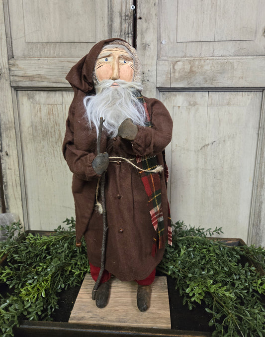 Primitive Clay Face Santa with Walking Stick