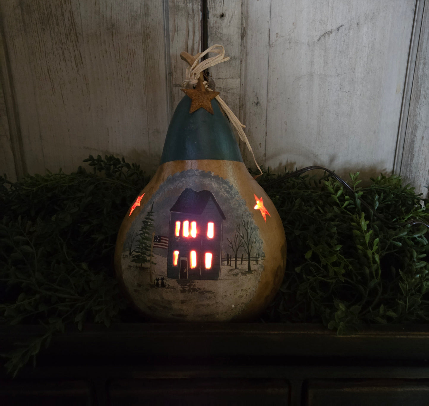 Country Christmas House Primitive Lighted Gourd