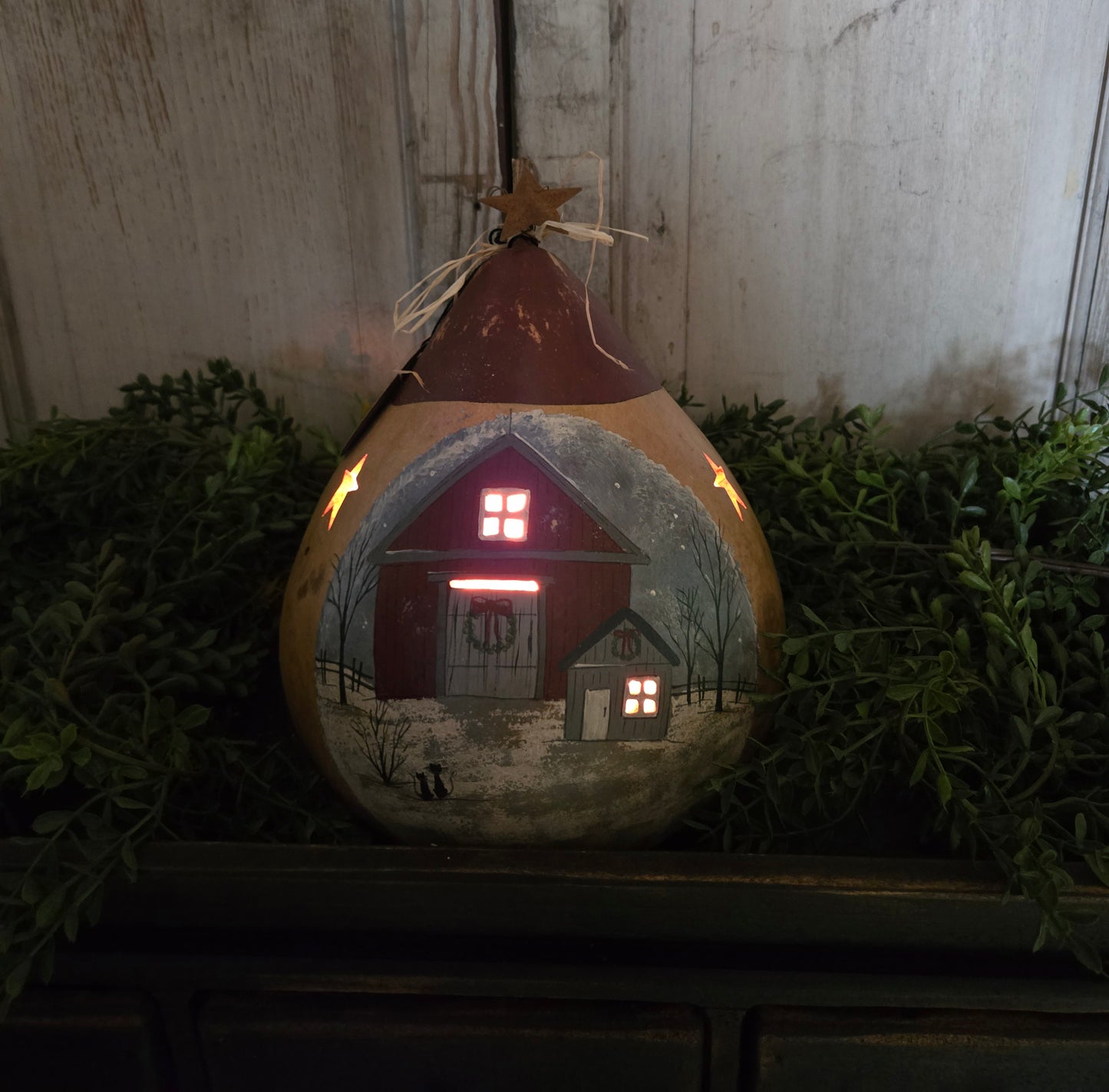 Country Christmas Barn Primitive Lighted Gourd