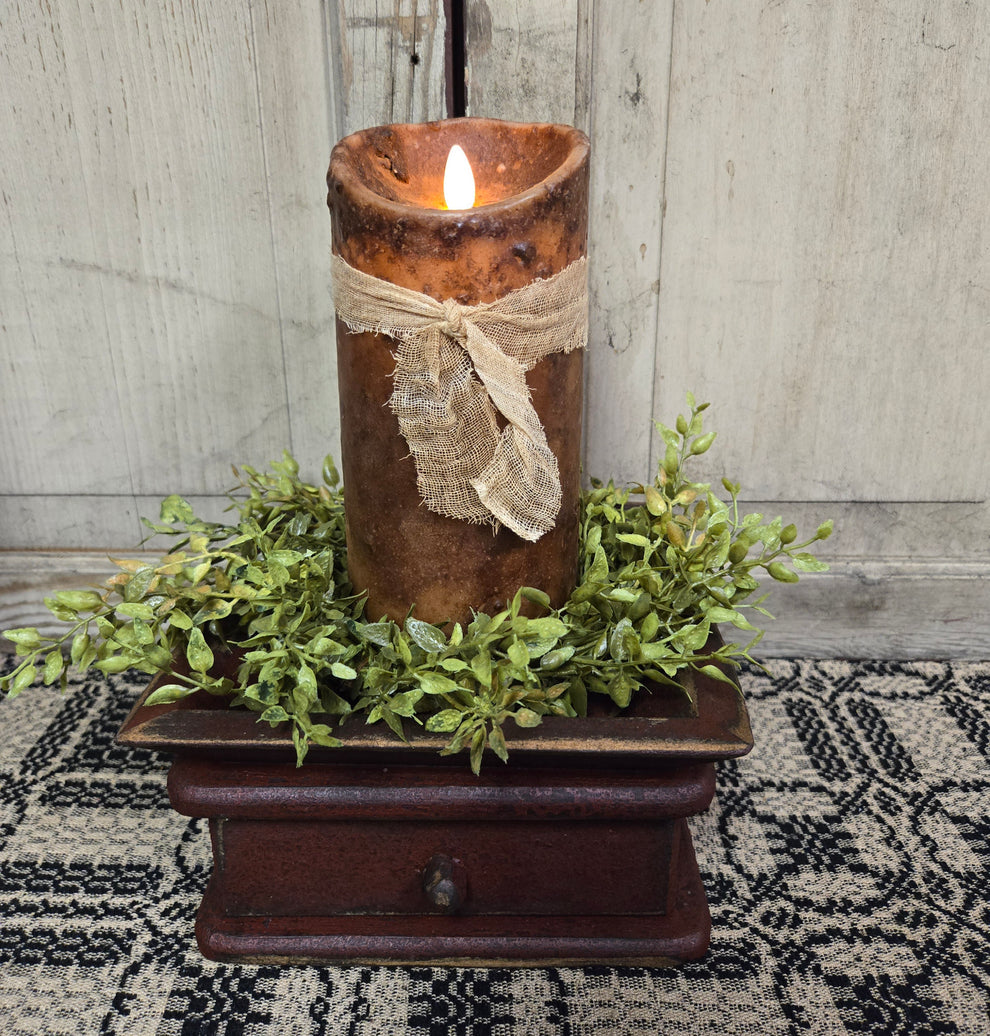 Primitive Small Candle Tray with Drawer - Burgundy