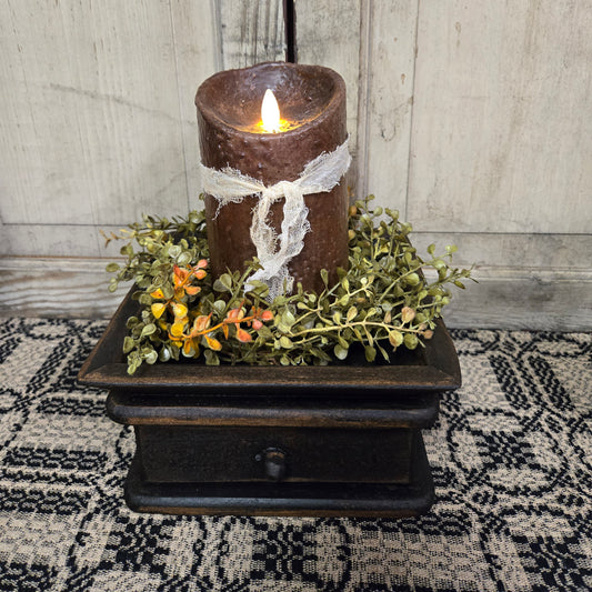 Primitive Small Candle Tray with Drawer - Black