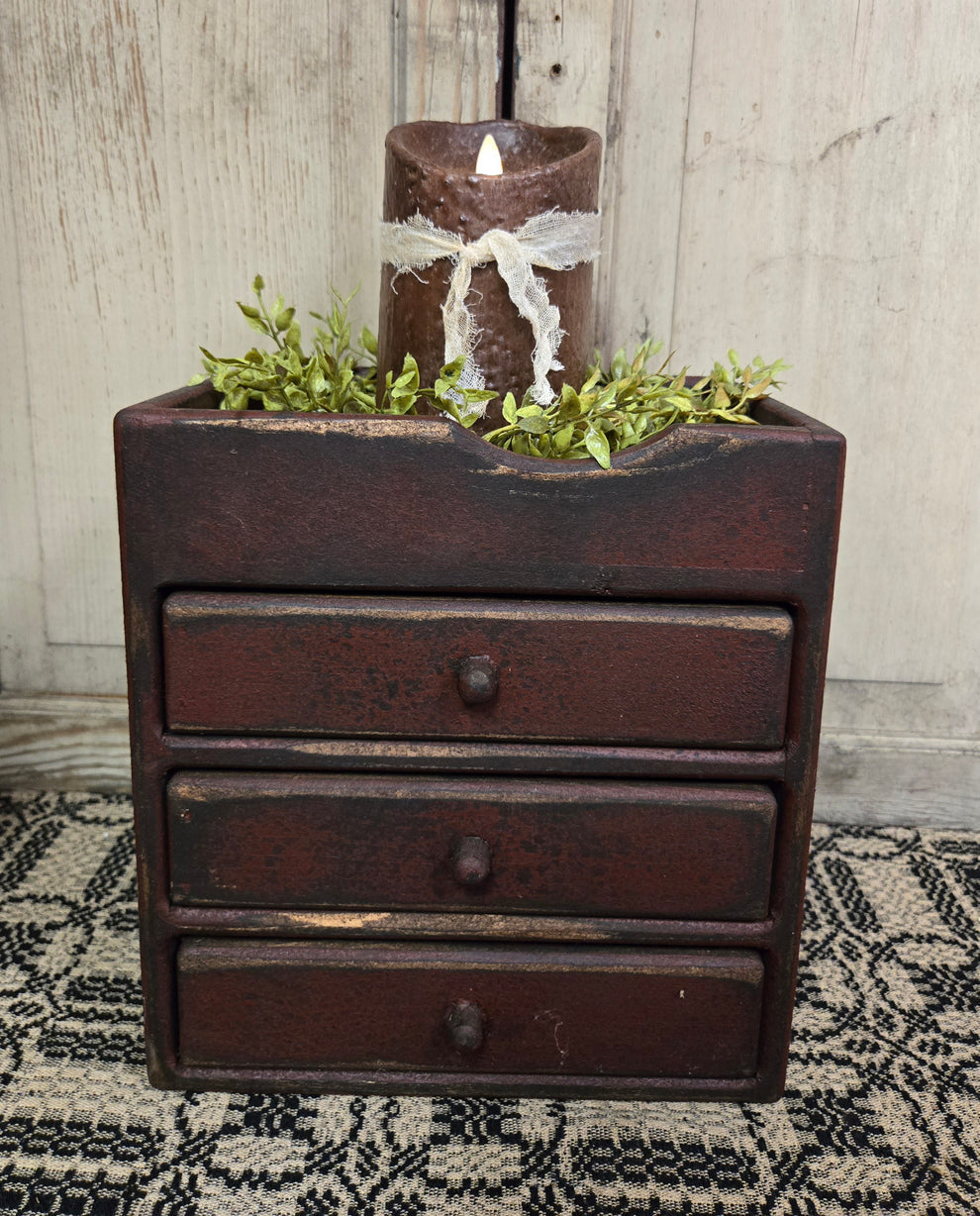 Primitive Keeping Box with Three Drawers - Burgundy