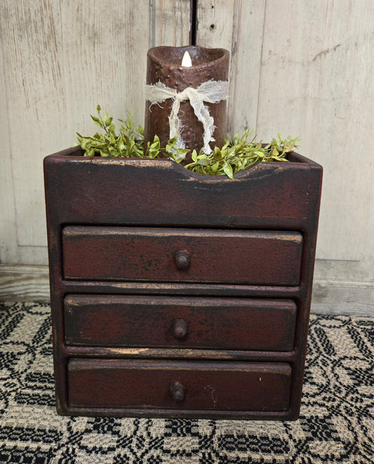 Primitive Keeping Box with Three Drawers - Burgundy