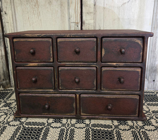 Primitive Eight Drawer Apothecary Cabinet - Burgundy