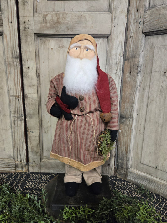 Medium Primitive Santa Wearing Red Ticking Coat with Dog