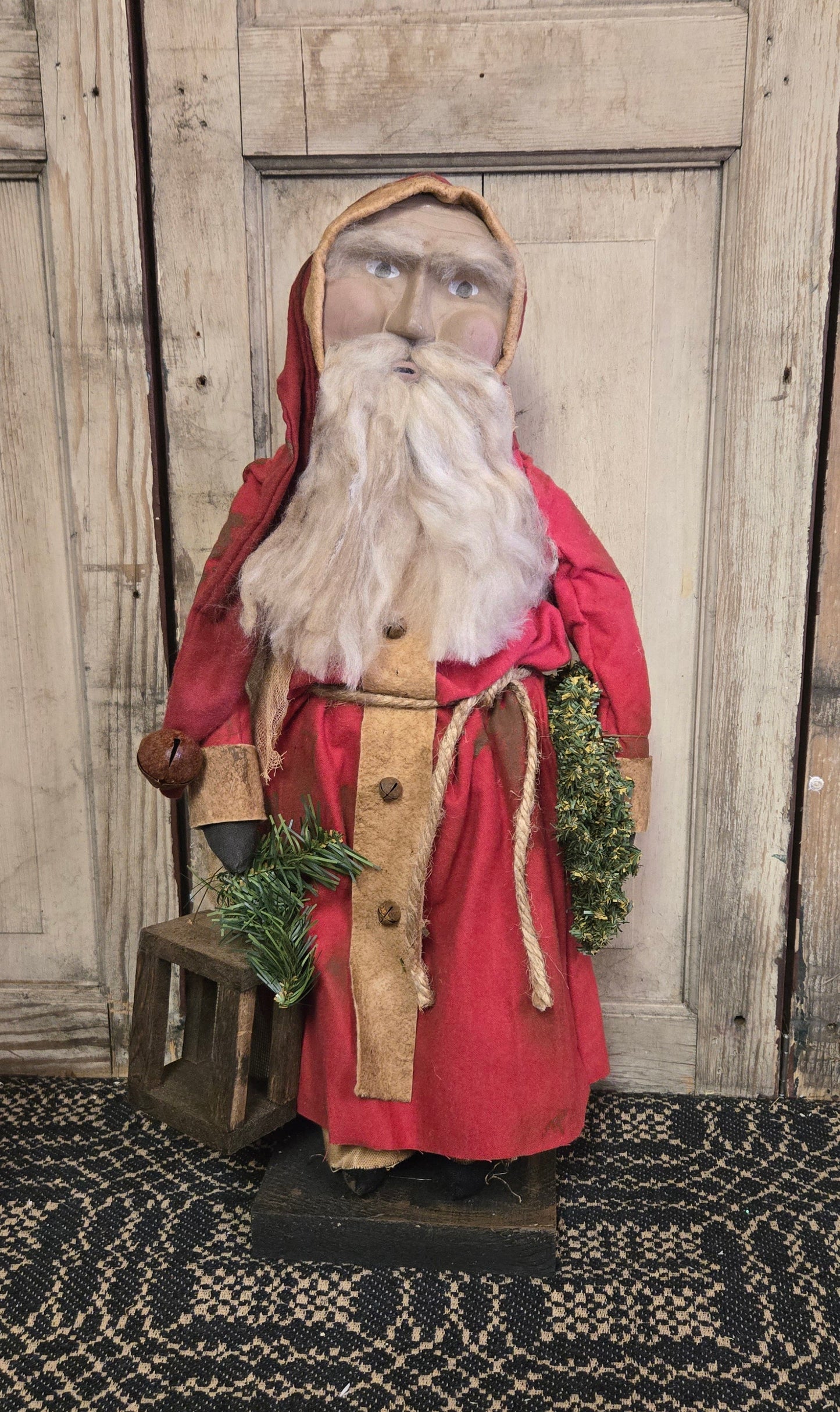 Primitive Clay Face Santa Holding Lantern