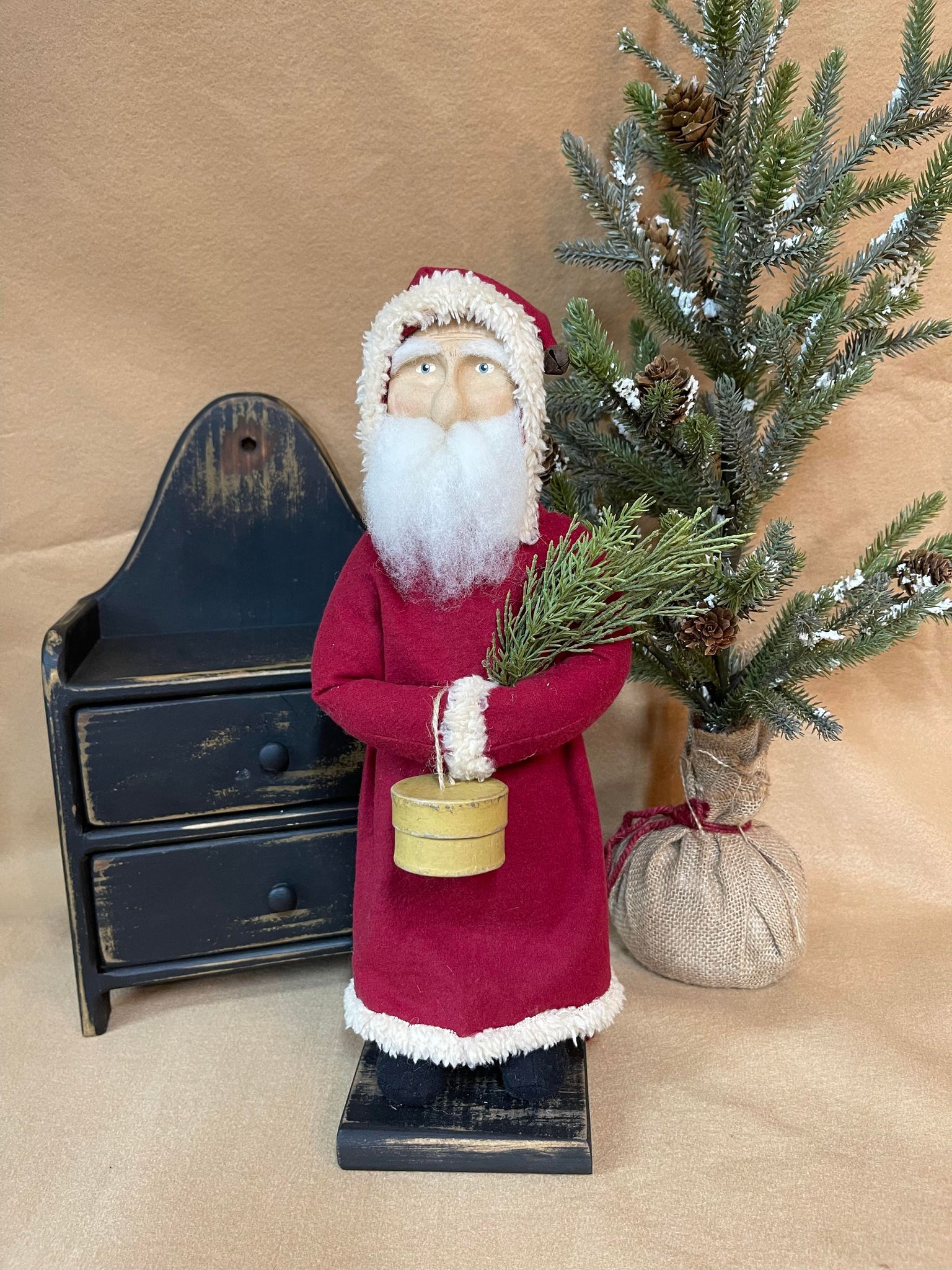 Primitive santa with greens and pantry box