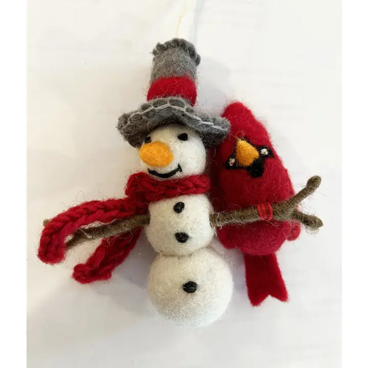 Felted Wool "Snowman Igor with Cardinal Weezie" Ornament