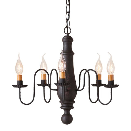 Medium Norfolk Primitive Wooden Chandelier in Hartford Black over Red with Five Arms