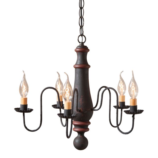 Medium Norfolk Primitive Wood Chandelier in Hartford Black with Red Stripe with Five Arms