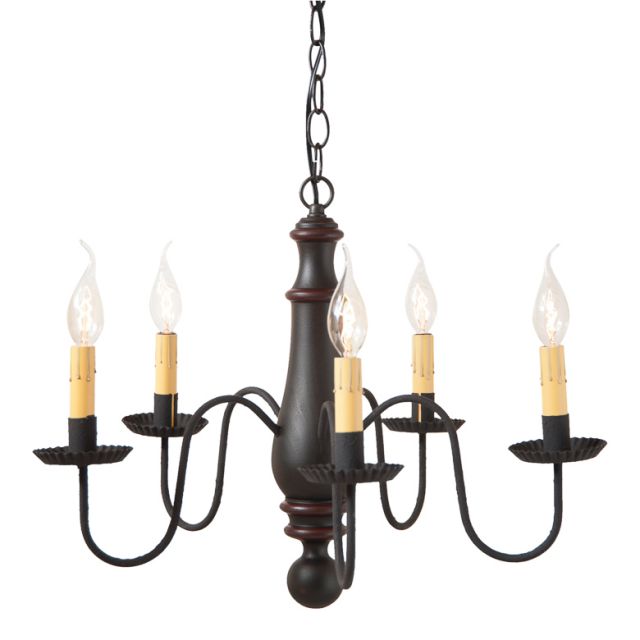 Medium Norfolk Primitive Wood Chandelier in Sturbridge Black with Red Stripe with Five Arms