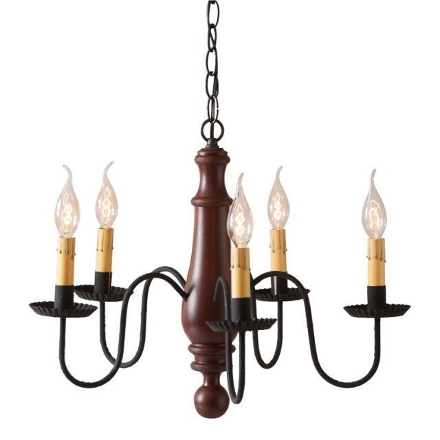 Medium Norfolk Primitive Wood Chandelier in Sturbridge Red with Five Arms