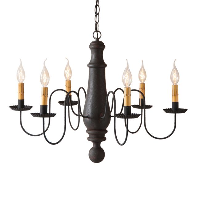 Large Norfolk Primitive Wooden Chandelier in Hartford Black over Red with Six Arms