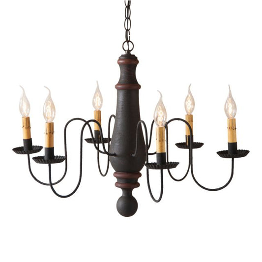 Large Norfolk Primitive Wooden Chandelier in Hartford Black with Red Stripe with Six Arms