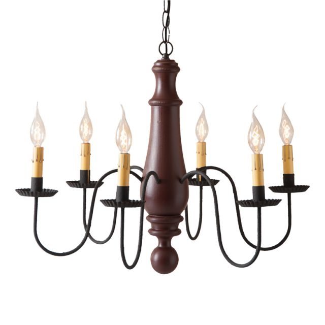 Large Norfolk Primitive Wood Chandelier in Sturbridge Red with Six Arms