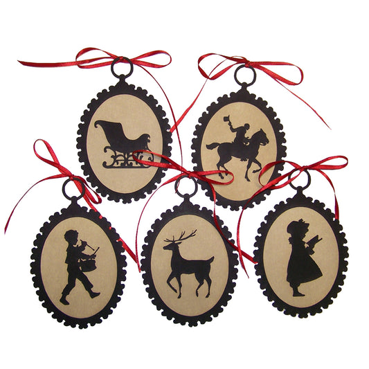 Set of 5 Christmas Silhouette Ornaments w/ Red Ribbon