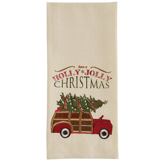 HOLLY JOLLY WOODY EMBROIDERED DISHTOWEL