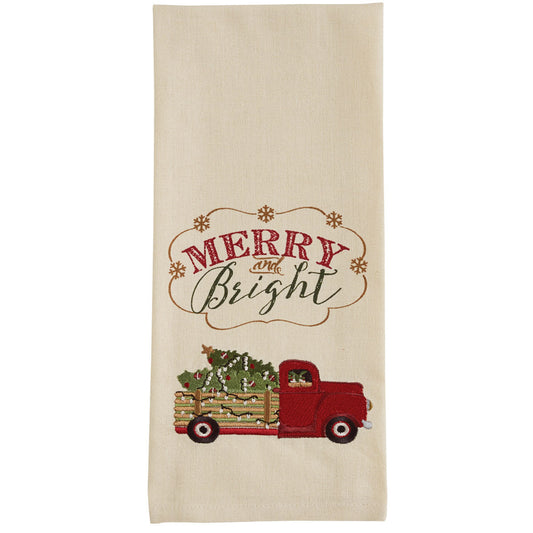 MERRY AND BRIGHT TRUCK EMBROIDERED DISHTOWEL