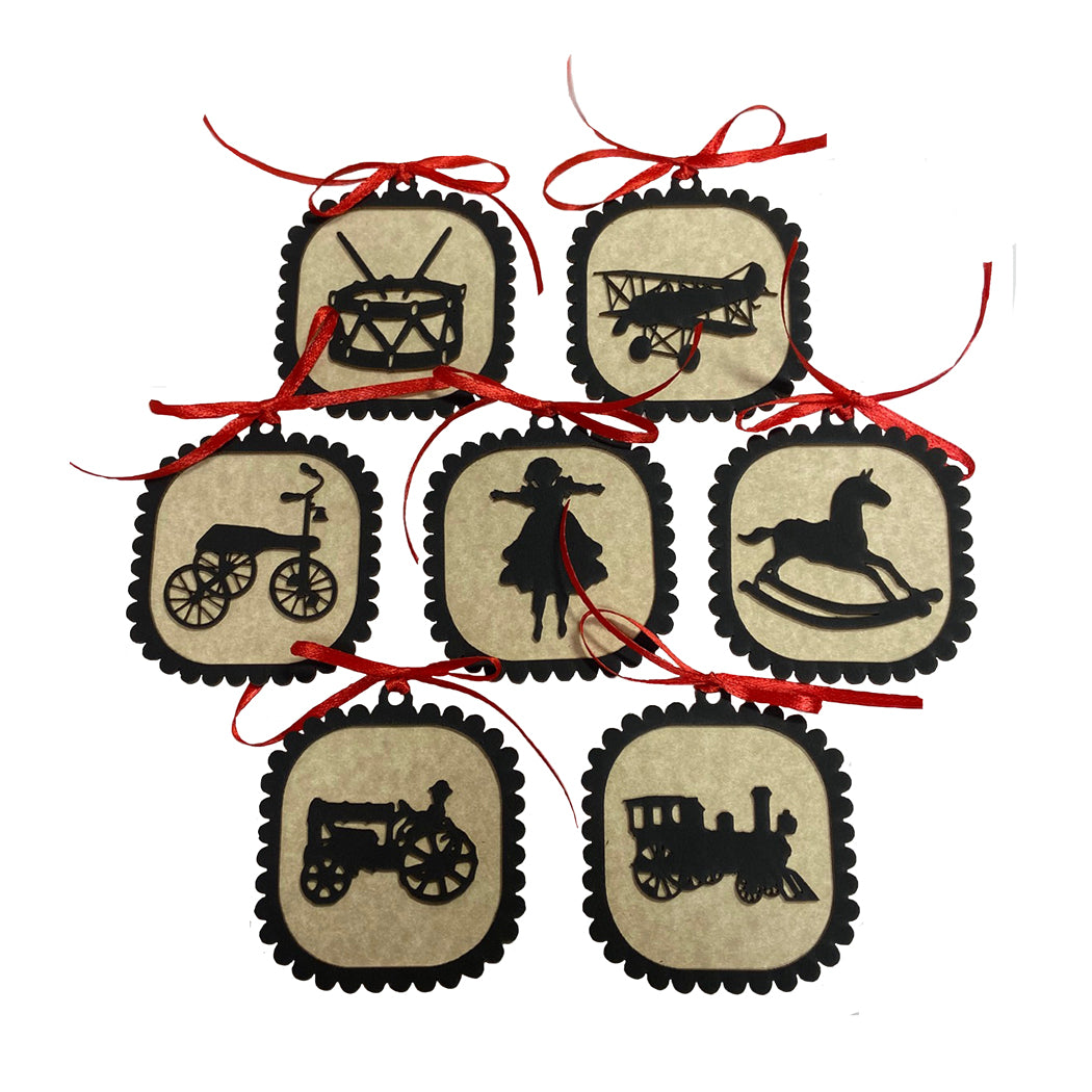 Set of 7 Christmas Toy Silhouette Ornaments with Red Ribbon