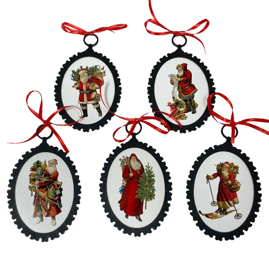 Set of 5 Victorian Santa Claus Ornaments w/ Red Ribbon