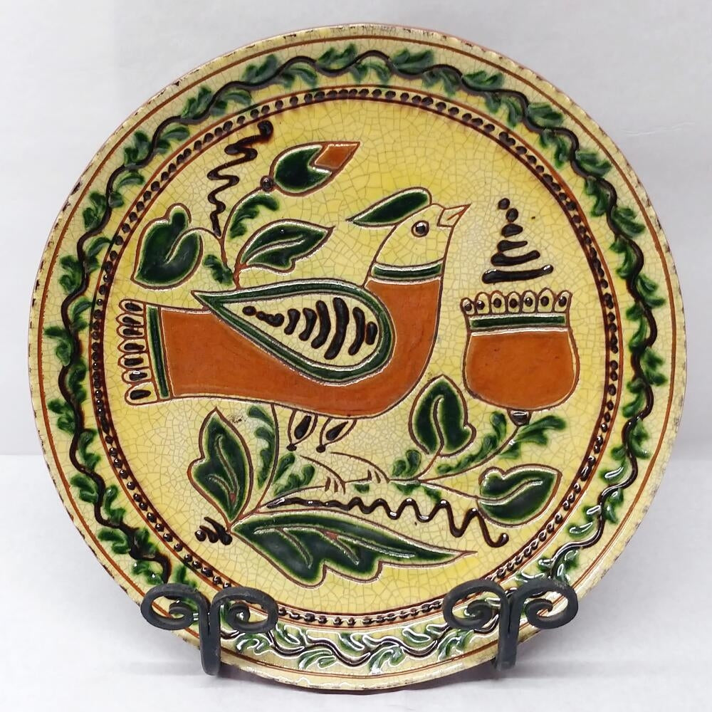 Sgraffito Bird and Flowers Redware Plate