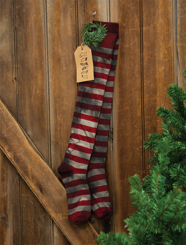 Primitive Red Striped Stocking Pair Ornament