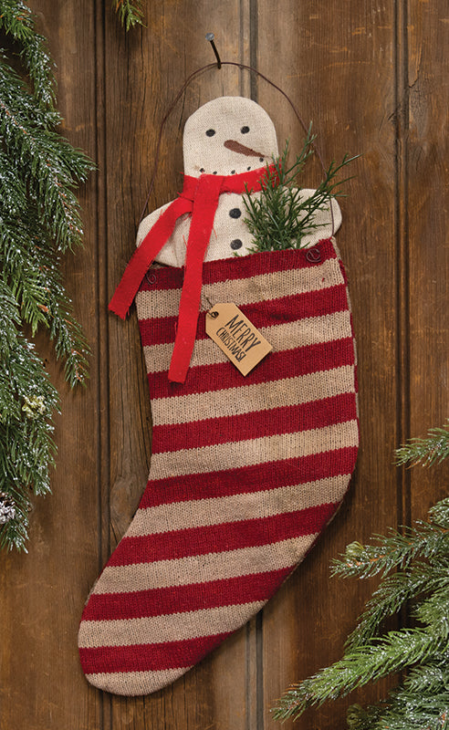 Hanging Striped "Merry Christmas" Stocking w/Snowman & Greenery