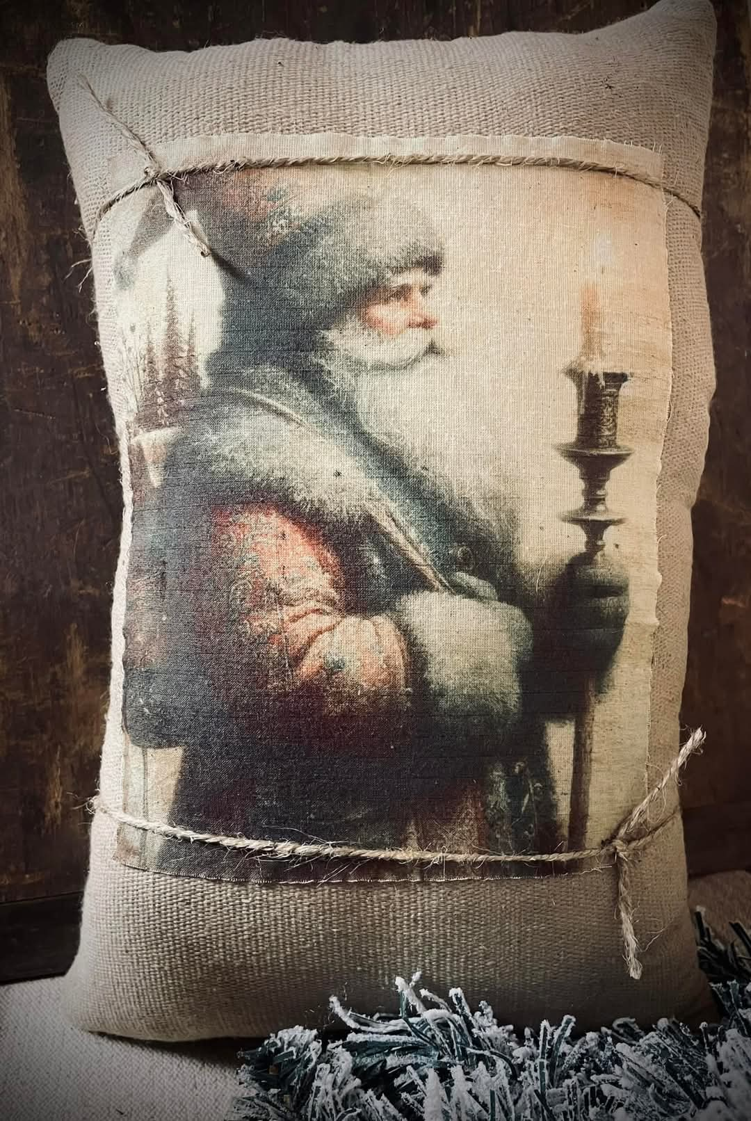 Primitive Santa Pillow Holding Candlestick