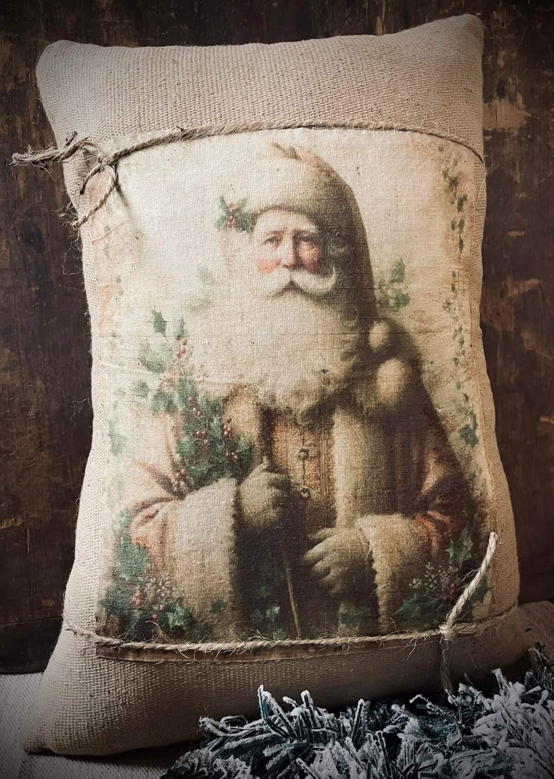 Primitive Santa Pillow Holding Greenery