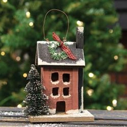 Primitive Town Burgundy Snowy House Ornament