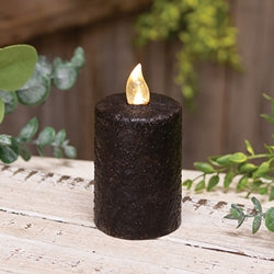 Warm Glow Textured Black Flicker Flame Timer Pillar