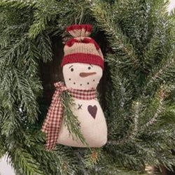 Stuffed Striped Hat Snowman Ornament w/Heart & Greenery