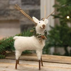 Large Felted White Standing Reindeer Christmas Ornament