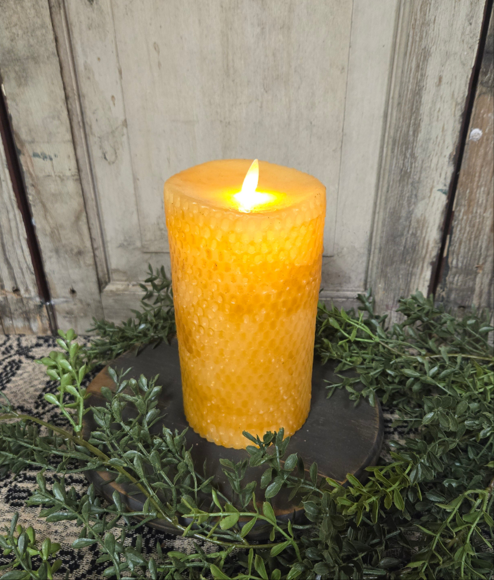 7" beeswax honeycomb moving flame pillar mustard 