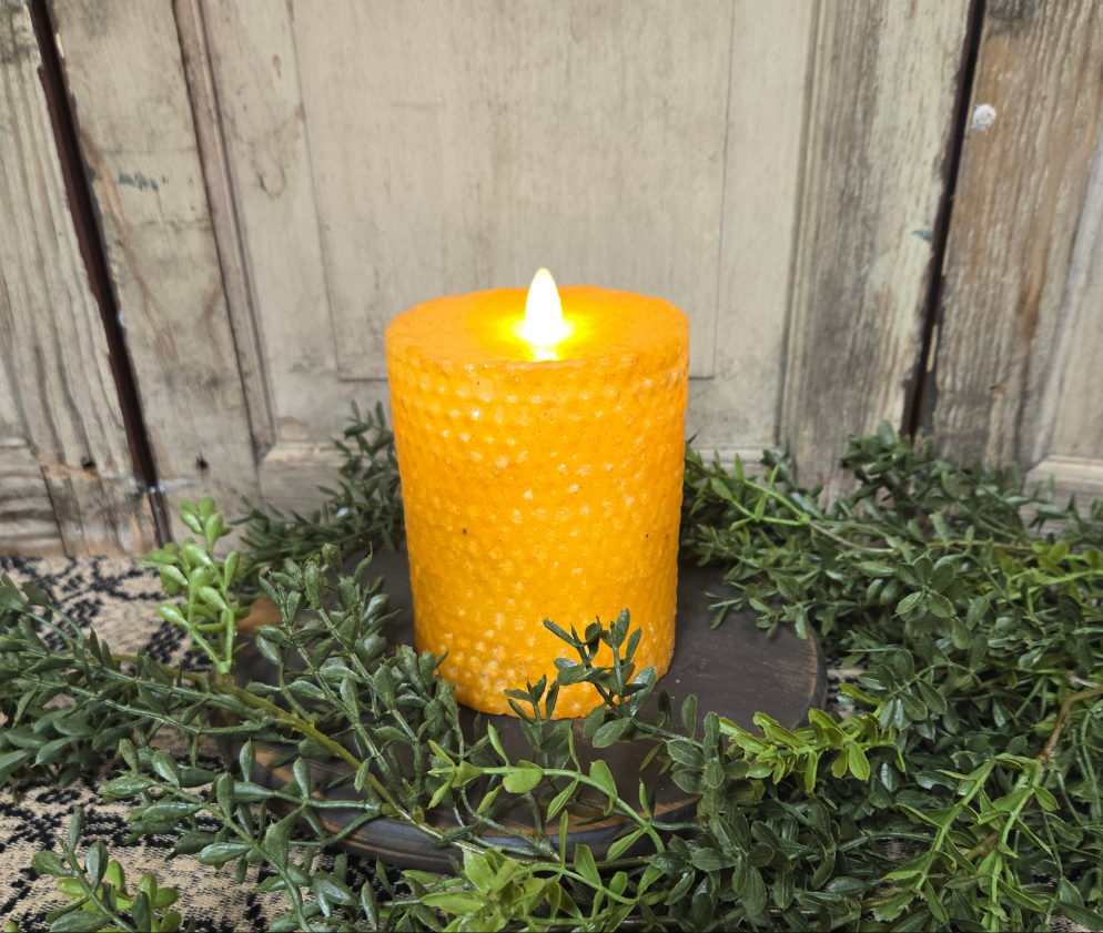 5" moving flame beeswax honeycomb pillar in mustard 