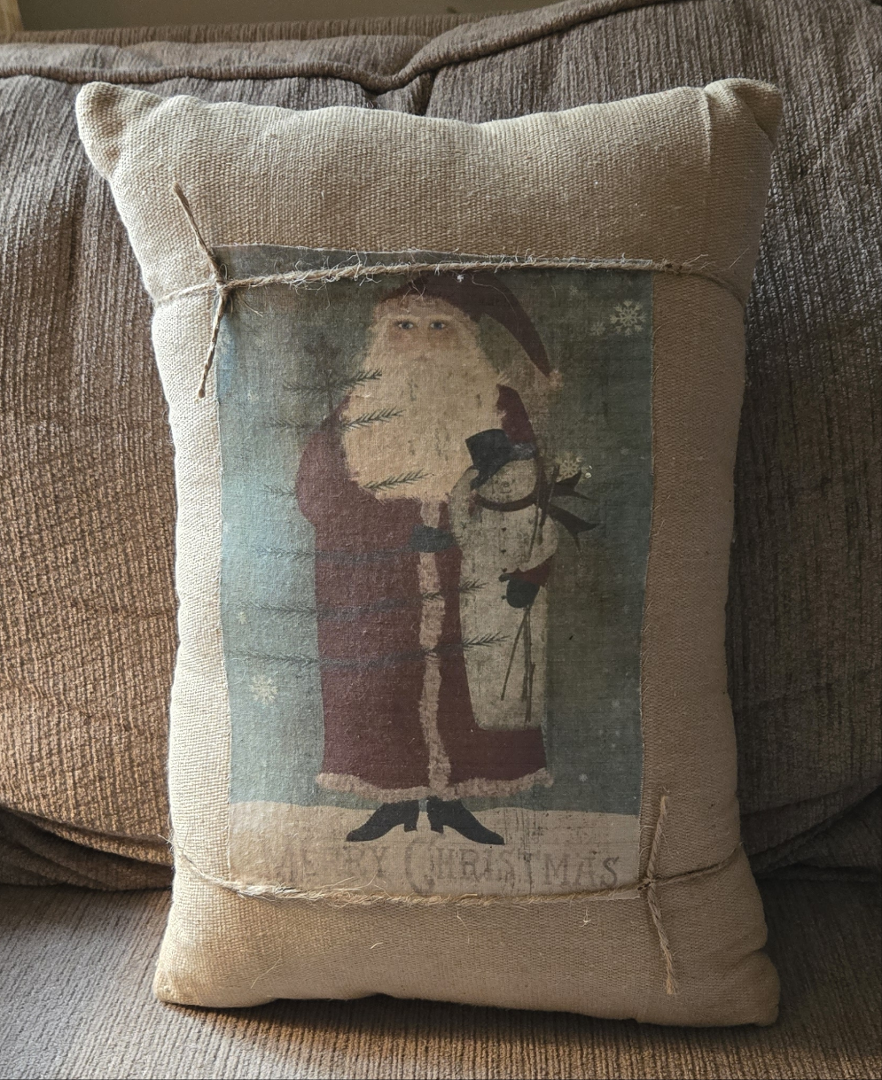 Primitive Santa Holding Snowman Pillow