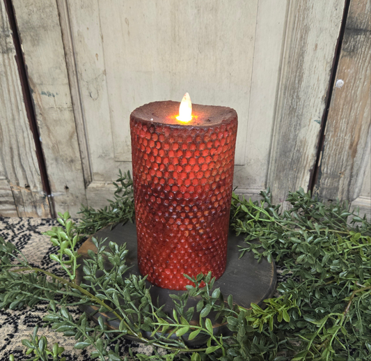 7" moving flame beeswax honeycomb pillar in red