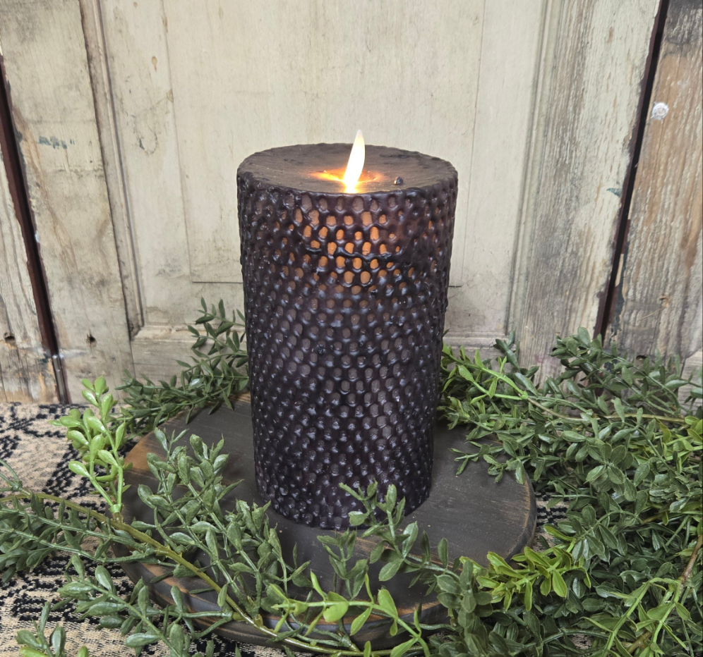 7" moving flame beeswax honeycomb pillar in black 